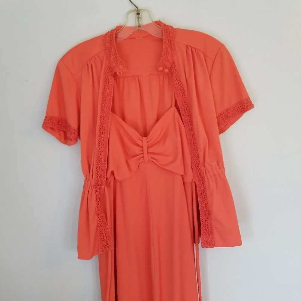 Vintage Elegant Coral 60’s ILGWU Spaghetti Strap Maxi Dress Matching Jacket Set